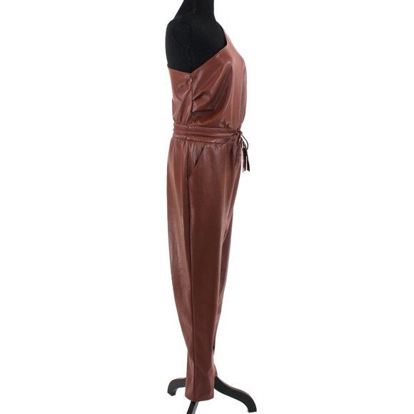 Mother Landside Hover Brown Faux Leather One Shoulder Belted Straight Jumpsuit S - Picture 3 of 9